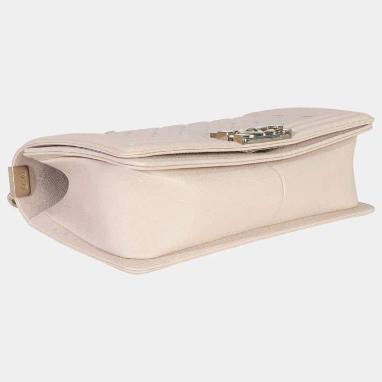 Pre Owned Chanel Beige Quilted Caviar Medium Boy Bag