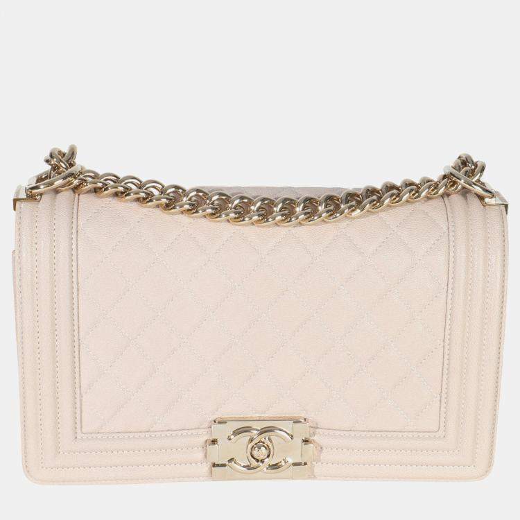 Pre Owned Chanel Beige Quilted Caviar Medium Boy Bag
