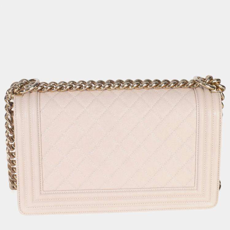Pre Owned Chanel Beige Quilted Caviar Medium Boy Bag