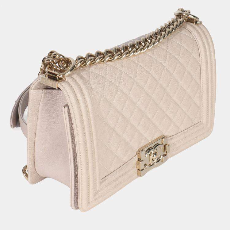 Pre Owned Chanel Beige Quilted Caviar Medium Boy Bag