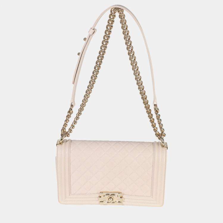 Pre Owned Chanel Beige Quilted Caviar Medium Boy Bag