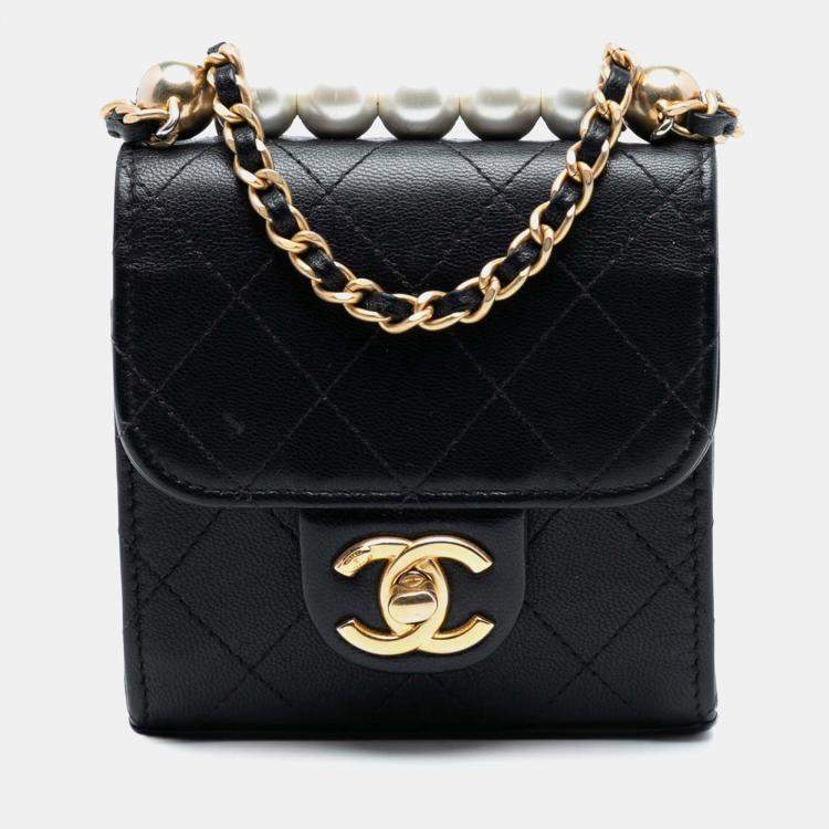 Pre Owned Chanel Black Mini Goatskin Chic Pearls Clutch On Chain