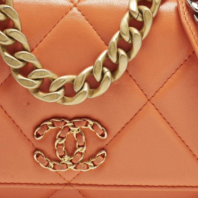 Pre Owned Chanel 19 Orange Quilted Leather Wallet On Chain