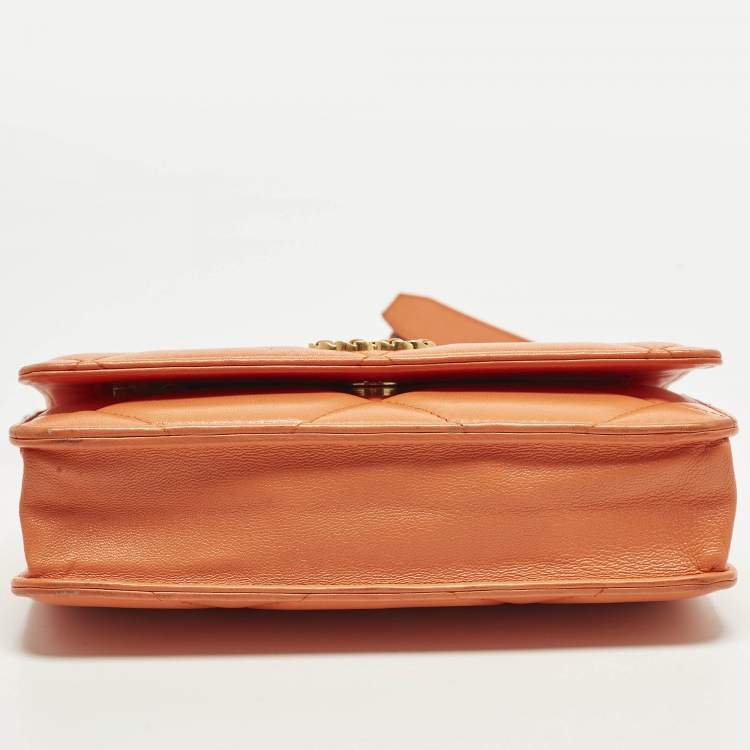 Pre Owned Chanel 19 Orange Quilted Leather Wallet On Chain