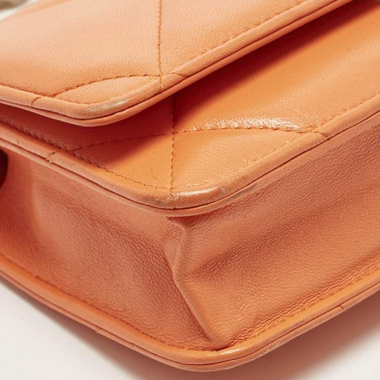 Pre Owned Chanel 19 Orange Quilted Leather Wallet On Chain
