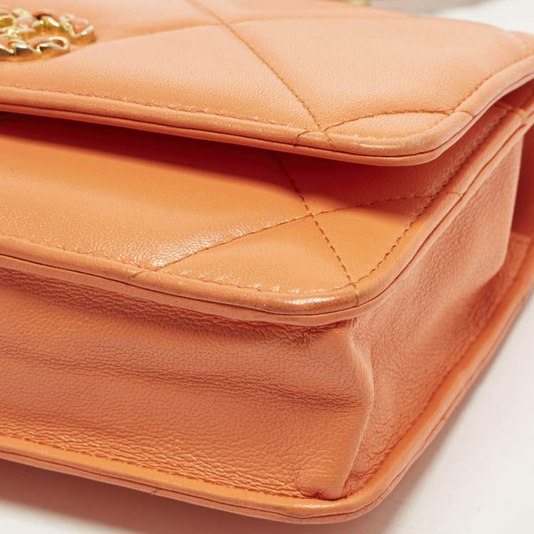 Pre Owned Chanel 19 Orange Quilted Leather Wallet On Chain