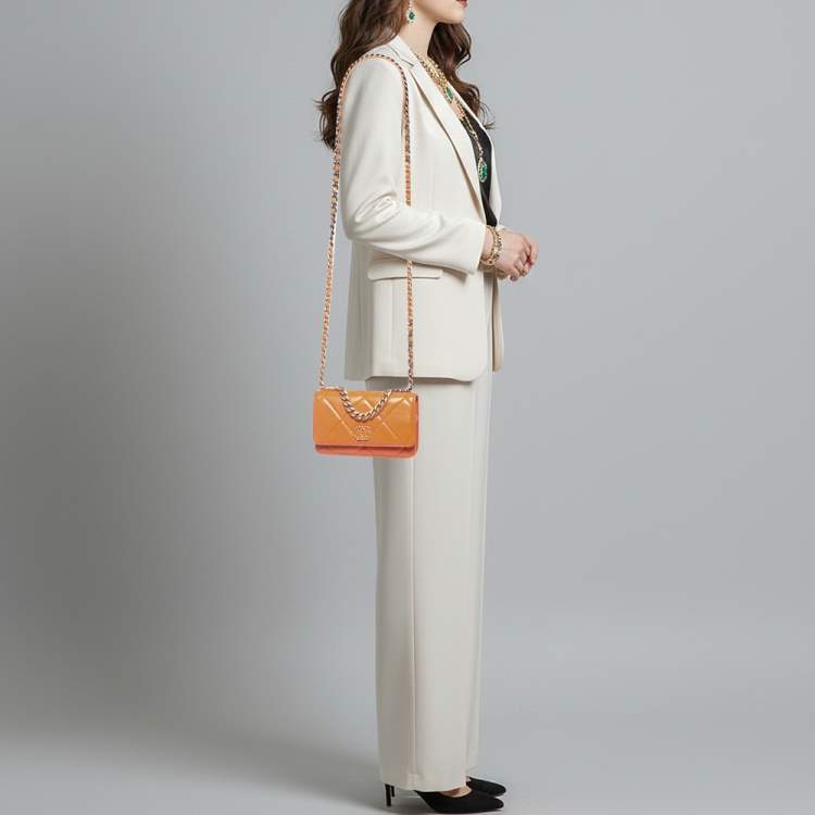 Pre Owned Chanel 19 Orange Quilted Leather Wallet On Chain