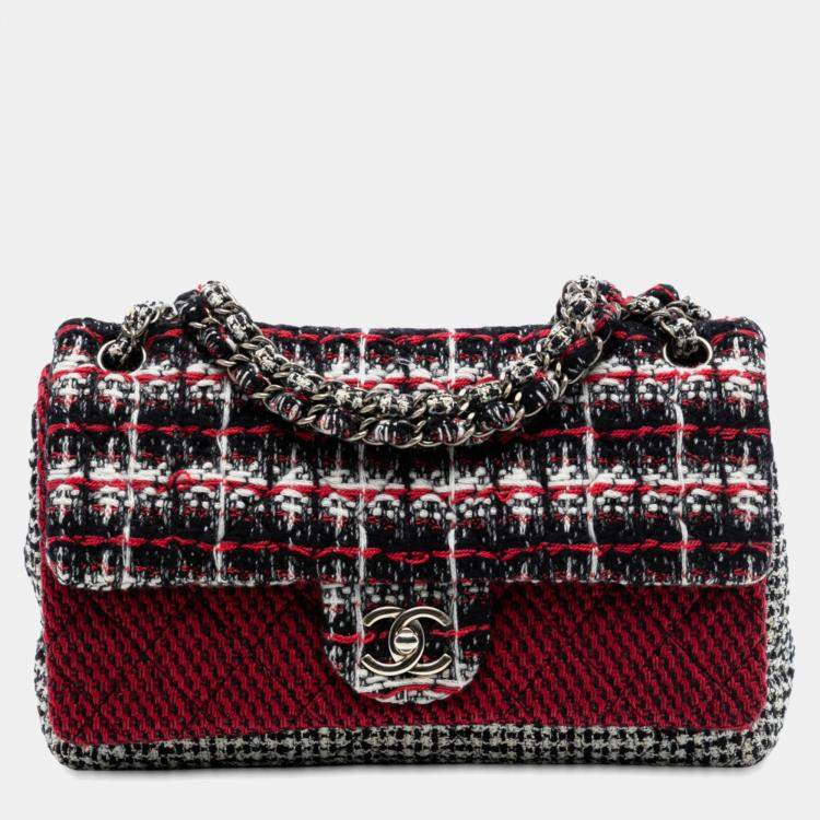 Pre Owned Chanel Red Medium CC Tweed Multi Print Double Flap