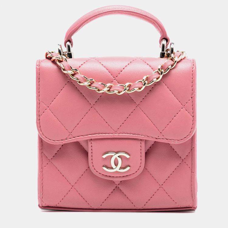 Pre Owned Chanel Pink CC Lambskin Top Handle Flap Coin Purse with Chain