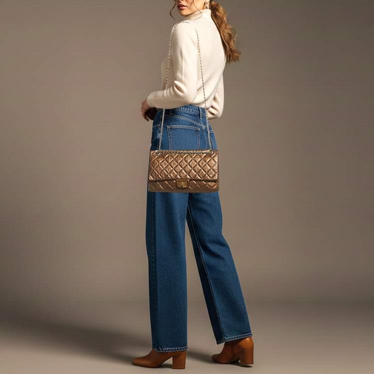 Pre Owned Chanel Reissue 2.55 226 Metallic Brown Quilted Aged Leather Flap Bag