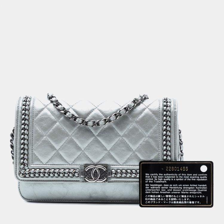Pre Owned Chanel Silver Quilted Crinkled Metallic Calfskin Boy Piped Wallet On Chain