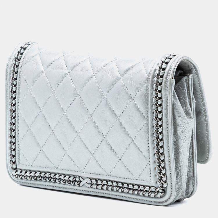 Pre Owned Chanel Silver Quilted Crinkled Metallic Calfskin Boy Piped Wallet On Chain
