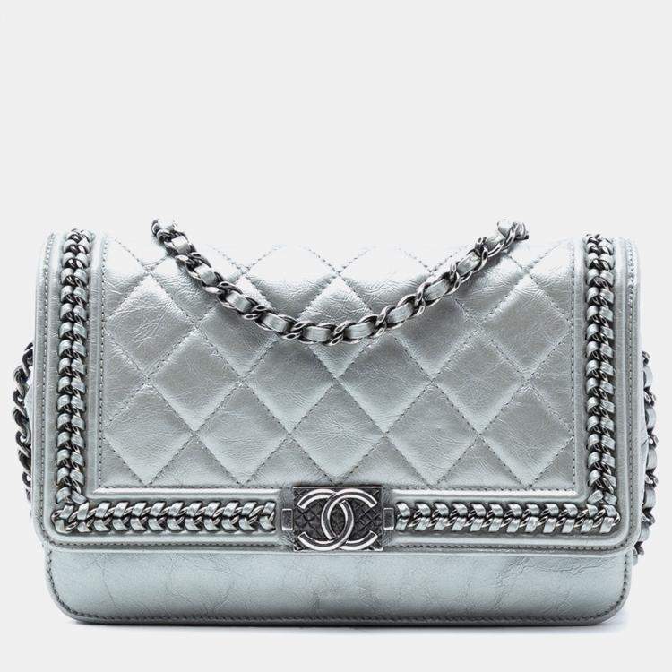 Pre Owned Chanel Silver Quilted Crinkled Metallic Calfskin Boy Piped Wallet On Chain