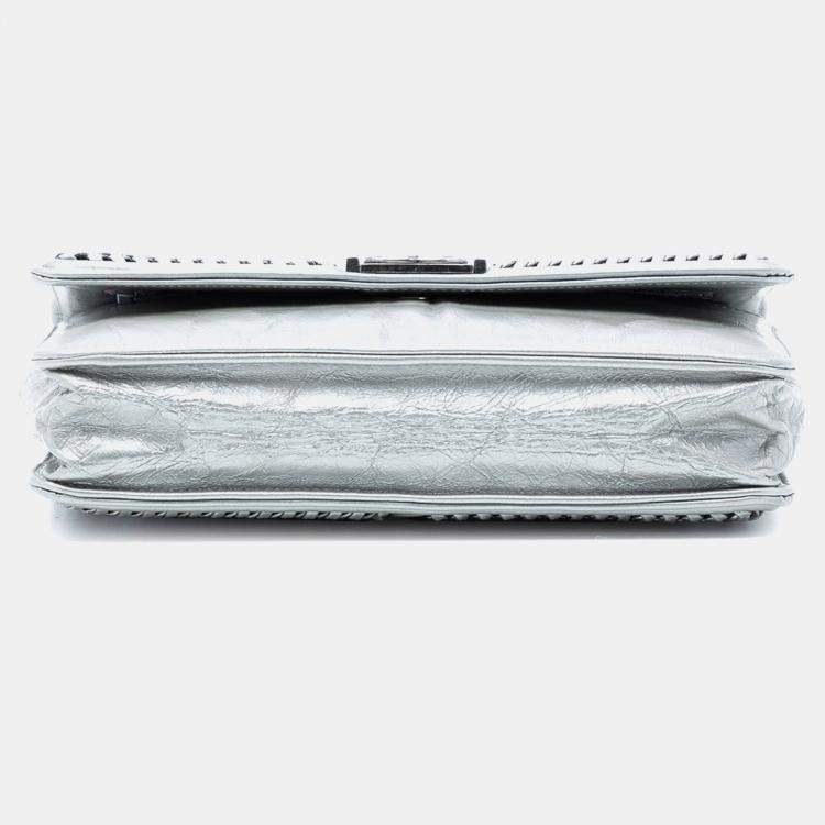 Pre Owned Chanel Silver Quilted Crinkled Metallic Calfskin Boy Piped Wallet On Chain