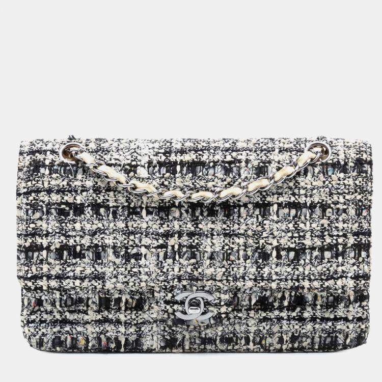 Pre Owned Chanel Black White Medium Classic Tweed Double Flap