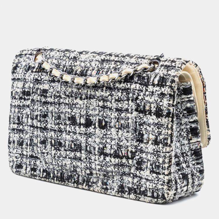Pre Owned Chanel Black White Medium Classic Tweed Double Flap