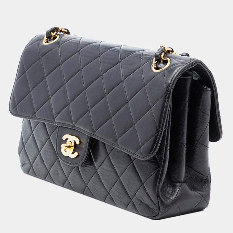 Pre Owned Chanel Black Medium Quilted Lambskin Double Sided Flap