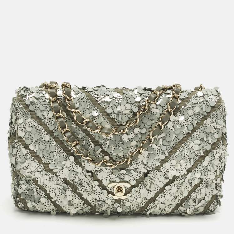 Pre Owned Chanel Classic Single Flap Medium Green Sequins and Canvas Shoulder Bag