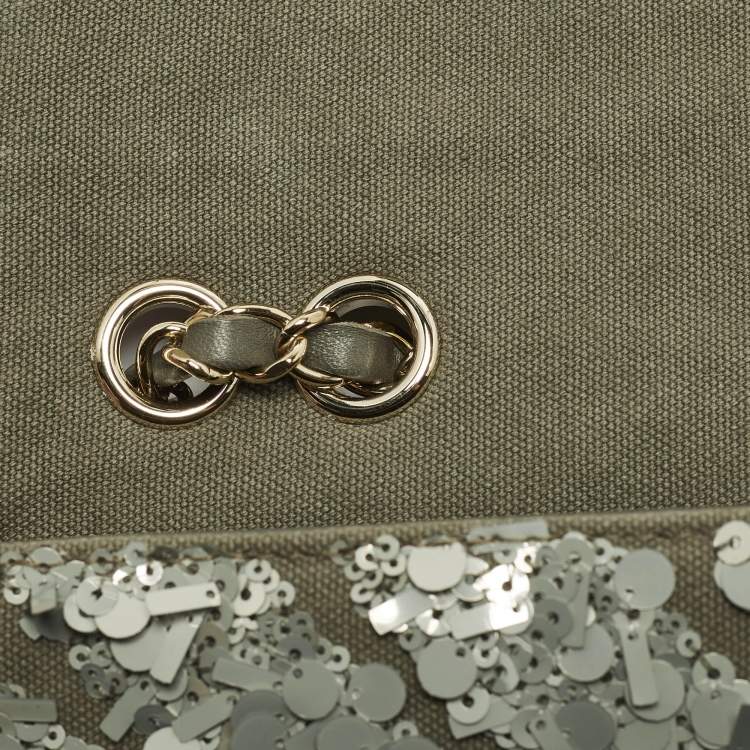 Pre Owned Chanel Classic Single Flap Medium Green Sequins and Canvas Shoulder Bag