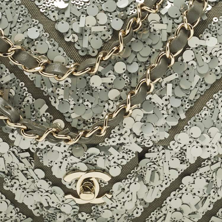 Pre Owned Chanel Classic Single Flap Medium Green Sequins and Canvas Shoulder Bag