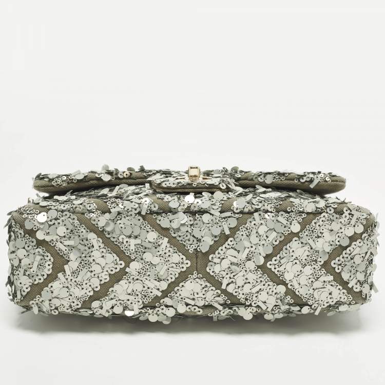 Pre Owned Chanel Classic Single Flap Medium Green Sequins and Canvas Shoulder Bag