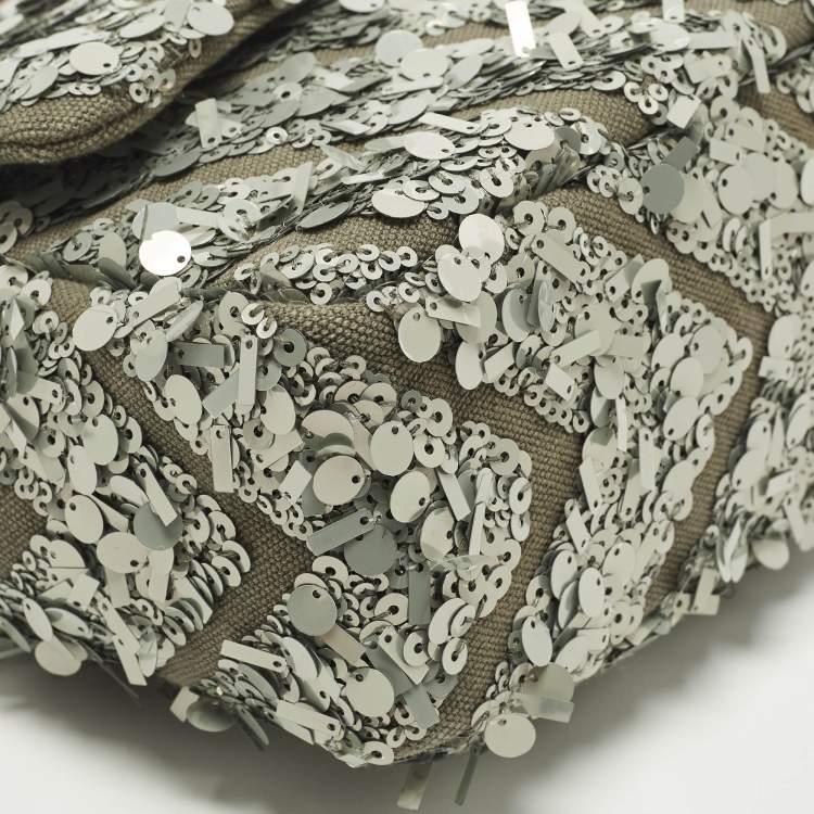 Pre Owned Chanel Classic Single Flap Medium Green Sequins and Canvas Shoulder Bag