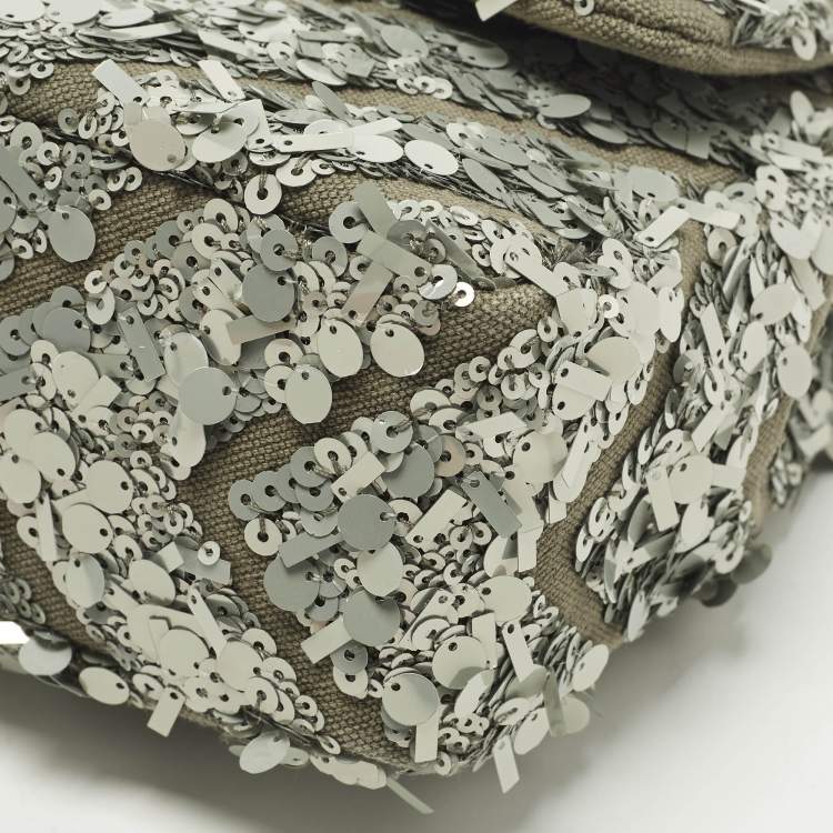 Pre Owned Chanel Classic Single Flap Medium Green Sequins and Canvas Shoulder Bag