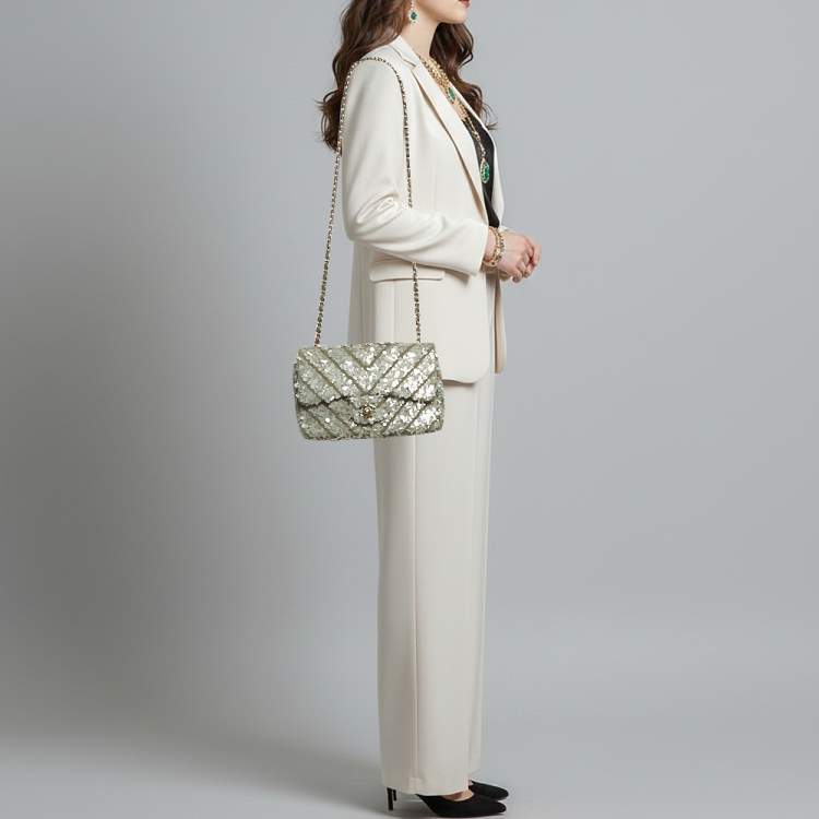 Pre Owned Chanel Classic Single Flap Medium Green Sequins and Canvas Shoulder Bag