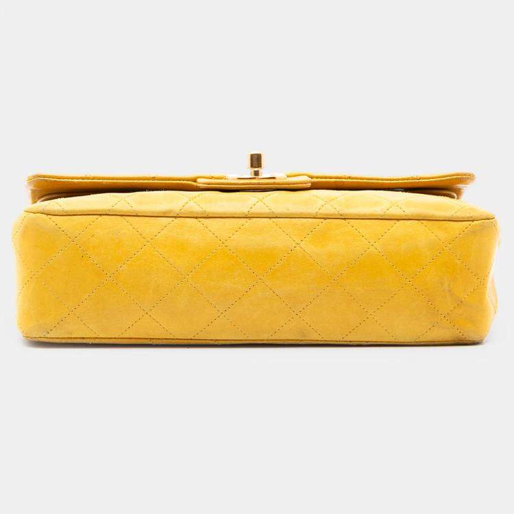 Pre Owned Chanel Yellow Small Classic Lambskin Double Flap