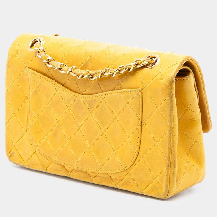 Pre Owned Chanel Yellow Small Classic Lambskin Double Flap