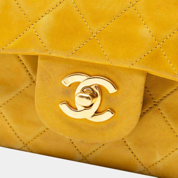 Pre Owned Chanel Yellow Small Classic Lambskin Double Flap