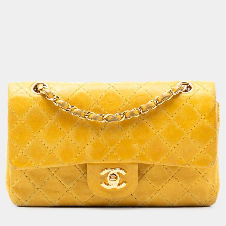 Pre Owned Chanel Yellow Small Classic Lambskin Double Flap