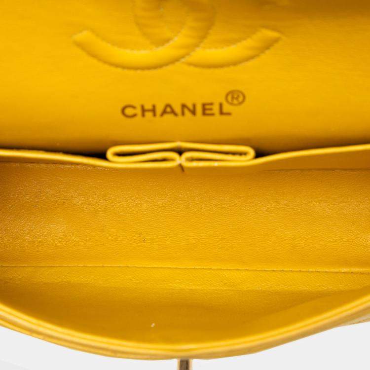Pre Owned Chanel Yellow Small Classic Lambskin Double Flap