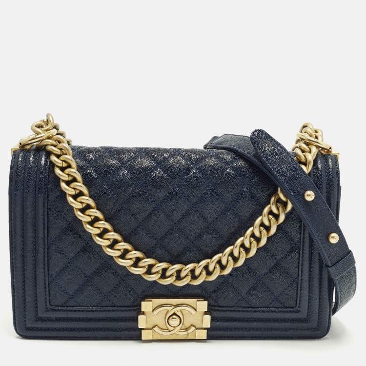 Pre Owned Chanel Boy Medium Dark Blue Quilted Caviar Leather Flap Bag