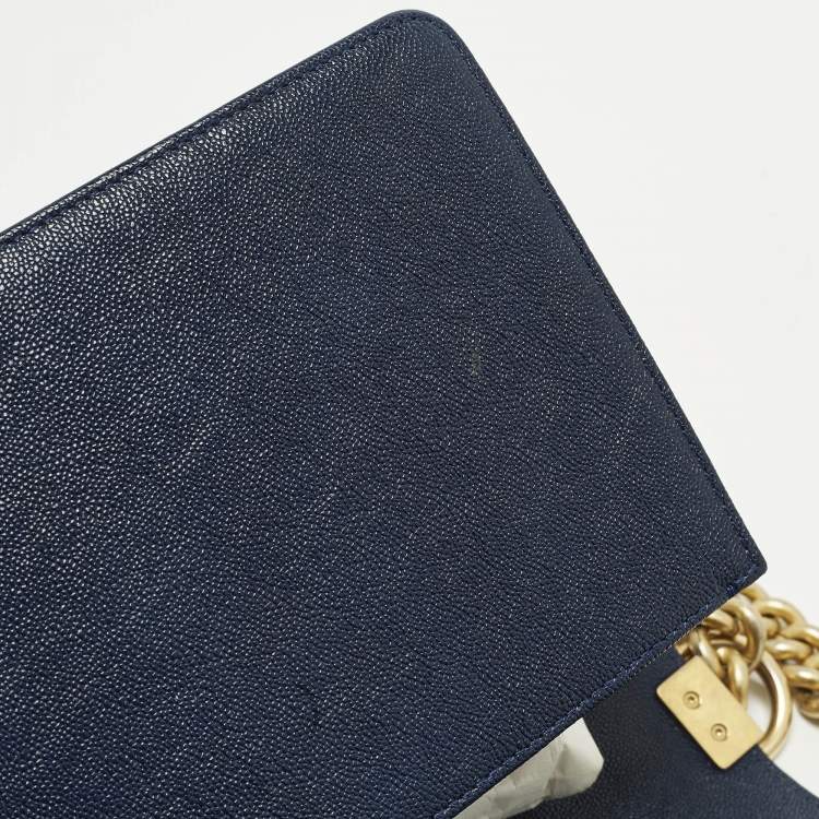 Pre Owned Chanel Boy Medium Dark Blue Quilted Caviar Leather Flap Bag