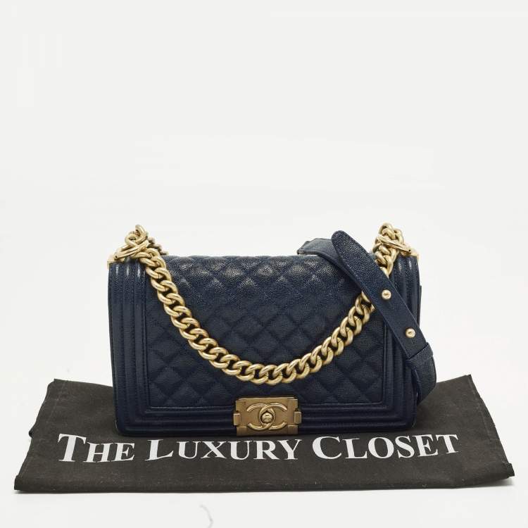Pre Owned Chanel Boy Medium Dark Blue Quilted Caviar Leather Flap Bag