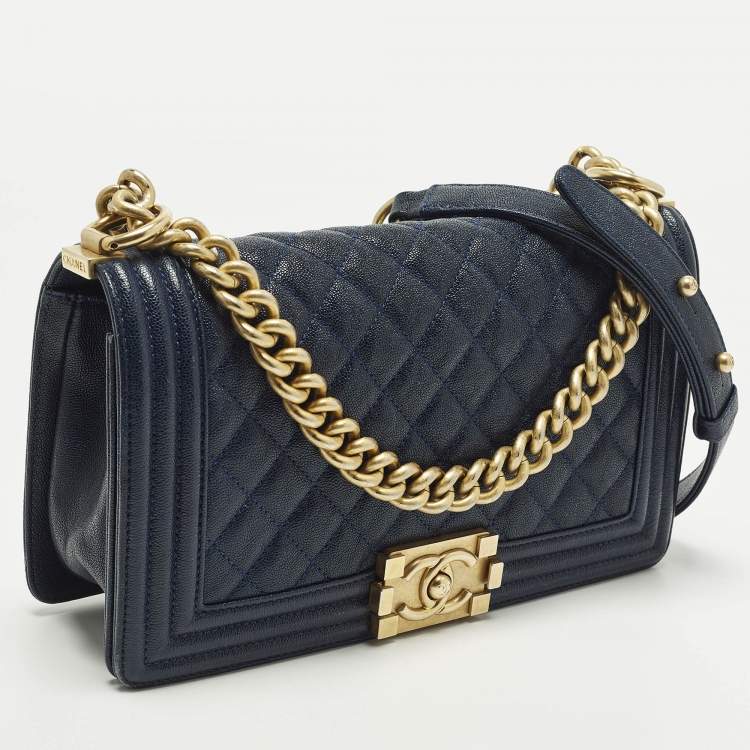 Pre Owned Chanel Boy Medium Dark Blue Quilted Caviar Leather Flap Bag