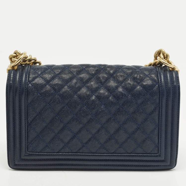 Pre Owned Chanel Boy Medium Dark Blue Quilted Caviar Leather Flap Bag