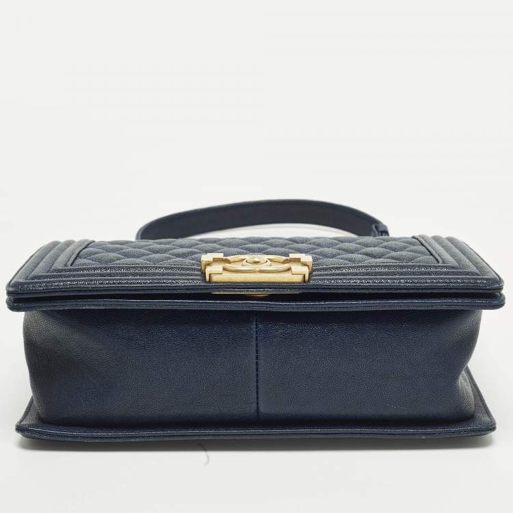 Pre Owned Chanel Boy Medium Dark Blue Quilted Caviar Leather Flap Bag