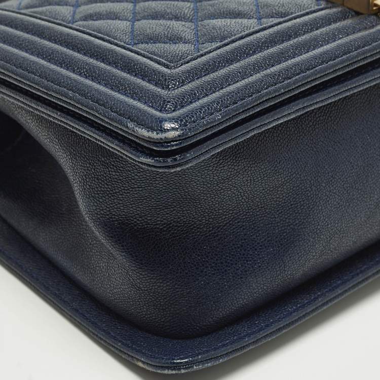 Pre Owned Chanel Boy Medium Dark Blue Quilted Caviar Leather Flap Bag