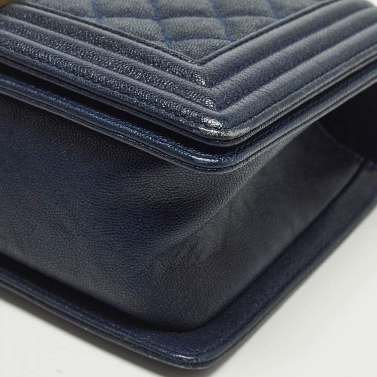 Pre Owned Chanel Boy Medium Dark Blue Quilted Caviar Leather Flap Bag