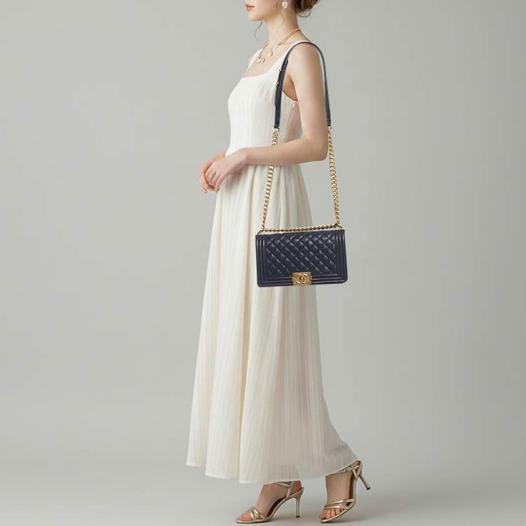 Pre Owned Chanel Boy Medium Dark Blue Quilted Caviar Leather Flap Bag