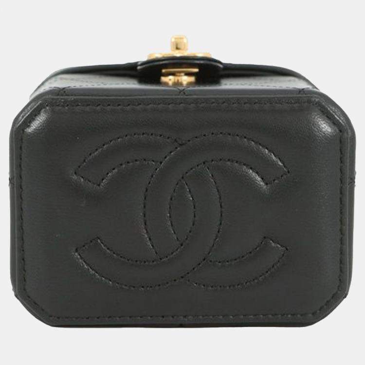 Pre Owned Chanel Black Mini CC Quilted Lambskin Vanity Case with Chain