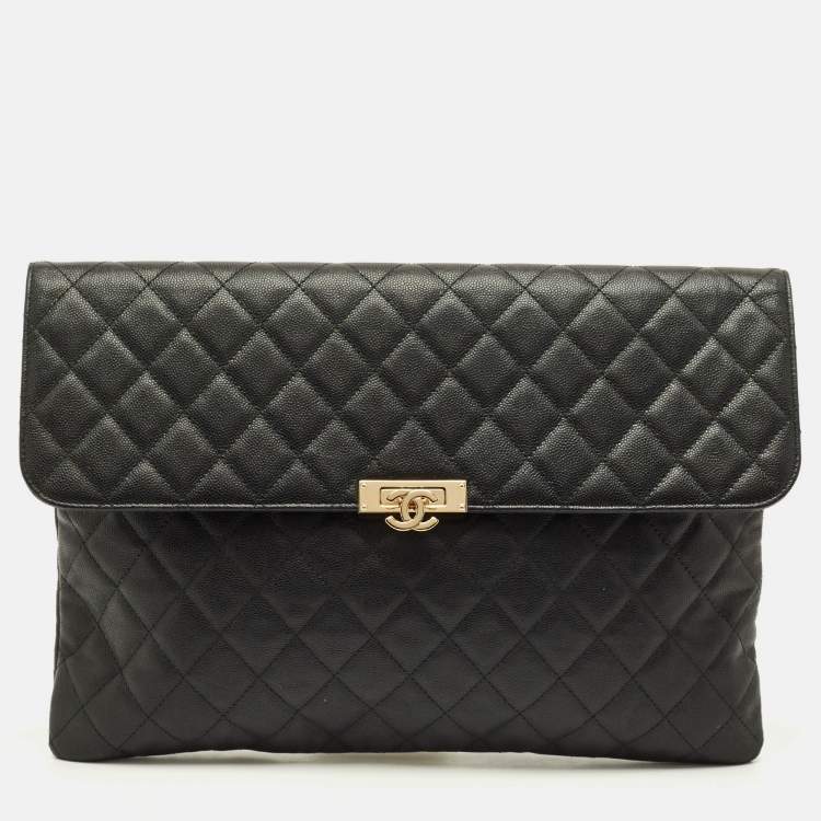 Pre Owned Chanel Black Quilted Caviar Leather Large Portfolio Clutch