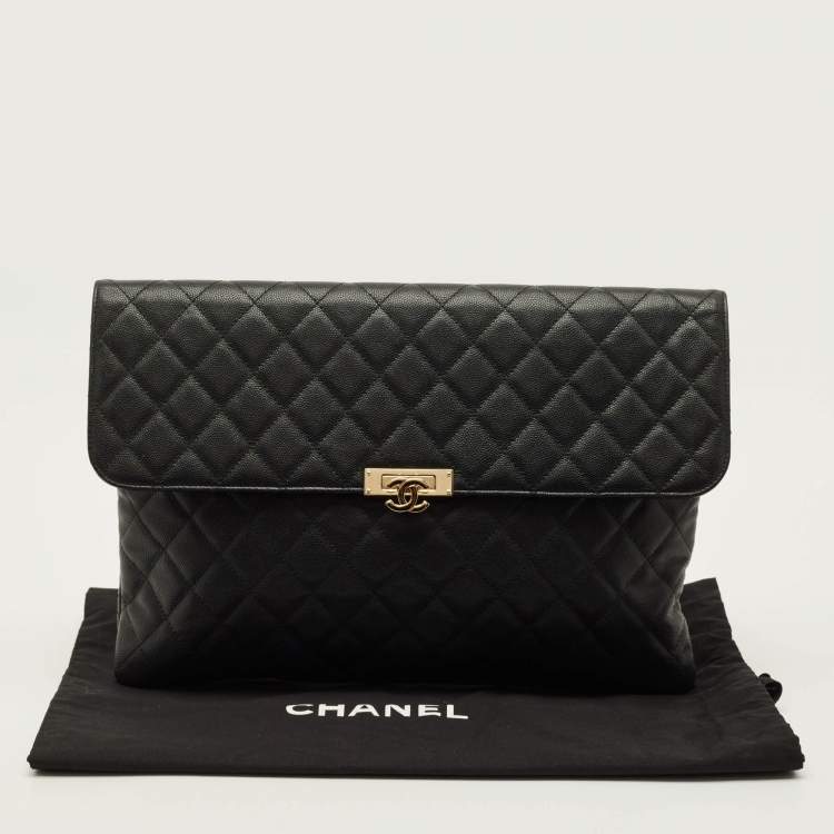 Pre Owned Chanel Black Quilted Caviar Leather Large Portfolio Clutch