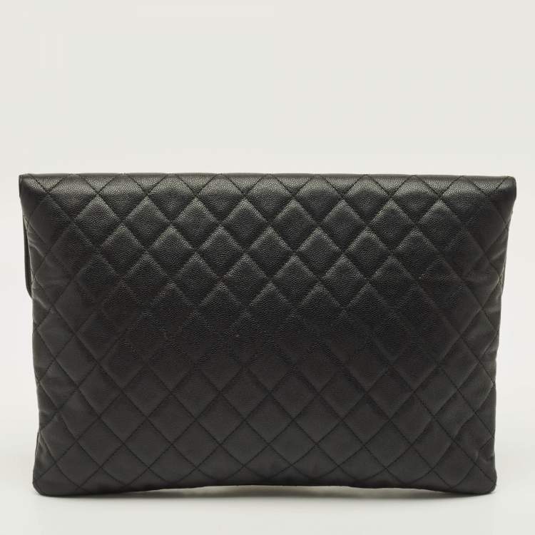 Pre Owned Chanel Black Quilted Caviar Leather Large Portfolio Clutch