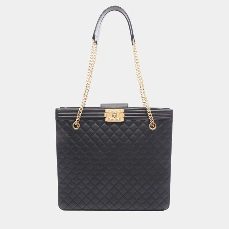 Pre Owned Chanel Boy Chanel Shopping Bag Tote Leather Black