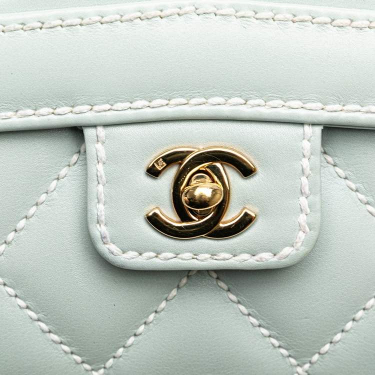 Pre Owned Chanel Coco Mark Wild Stitch Handbag In Light Blue Lambskin