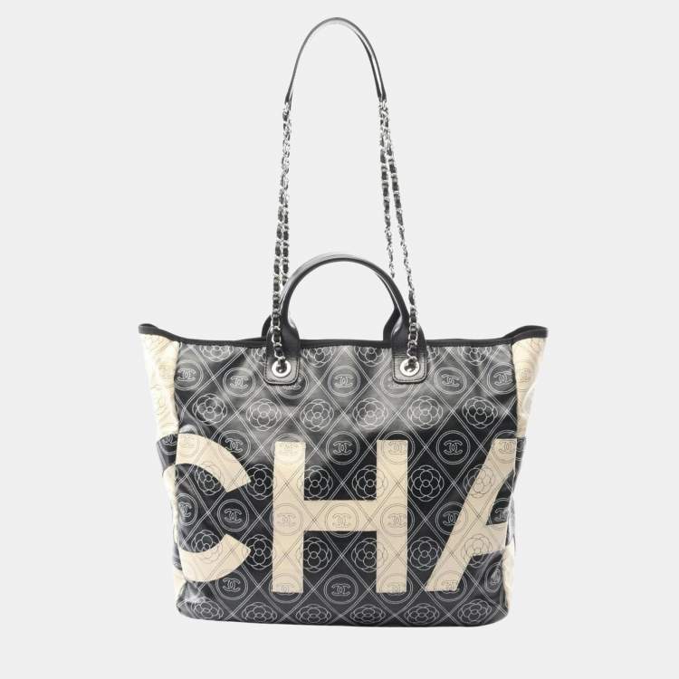 Pre Owned Chanel Coco Mark Camellia Tote Bag Coated Canvas And Leather Black Beige