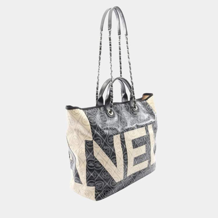 Pre Owned Chanel Coco Mark Camellia Tote Bag Coated Canvas And Leather Black Beige